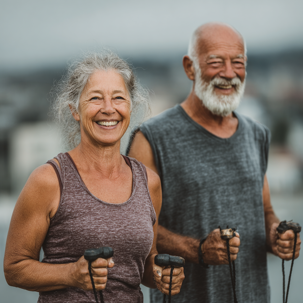 Elderly couple exercising outdoors practicing healthy lifestyle activities